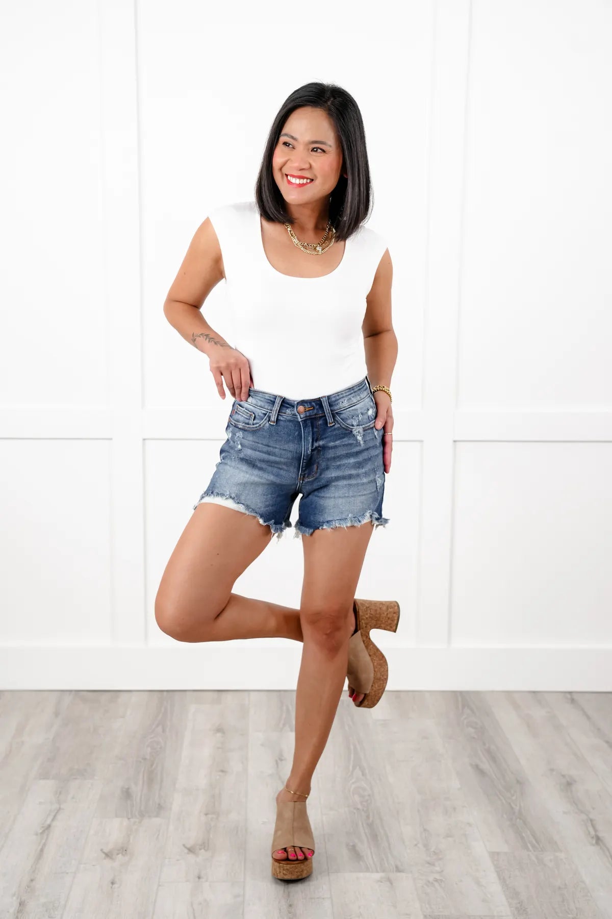 Judy Blue Medium Wash Two Button Distressed Dad Shorts