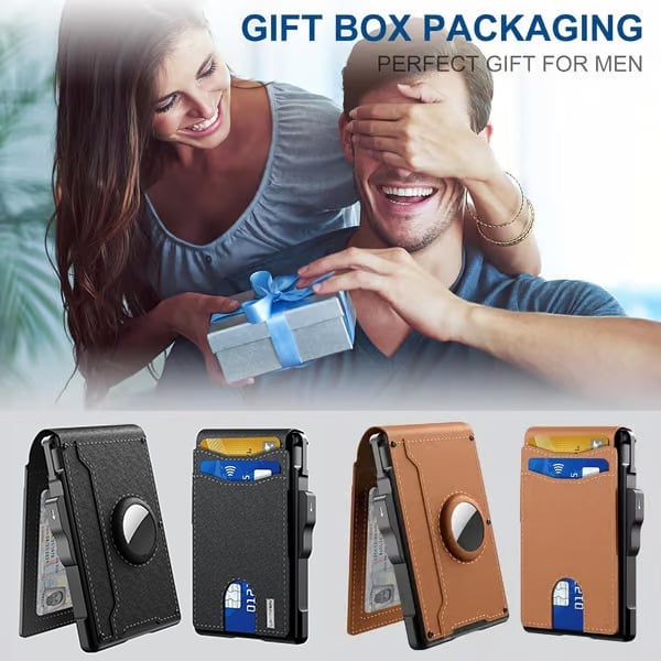Wallet for Men - with Pop Up Aluminum Case Money Clip Slim Leather Slots Credit Card Holder RFID Blocking Bifold Minimalist Wallet