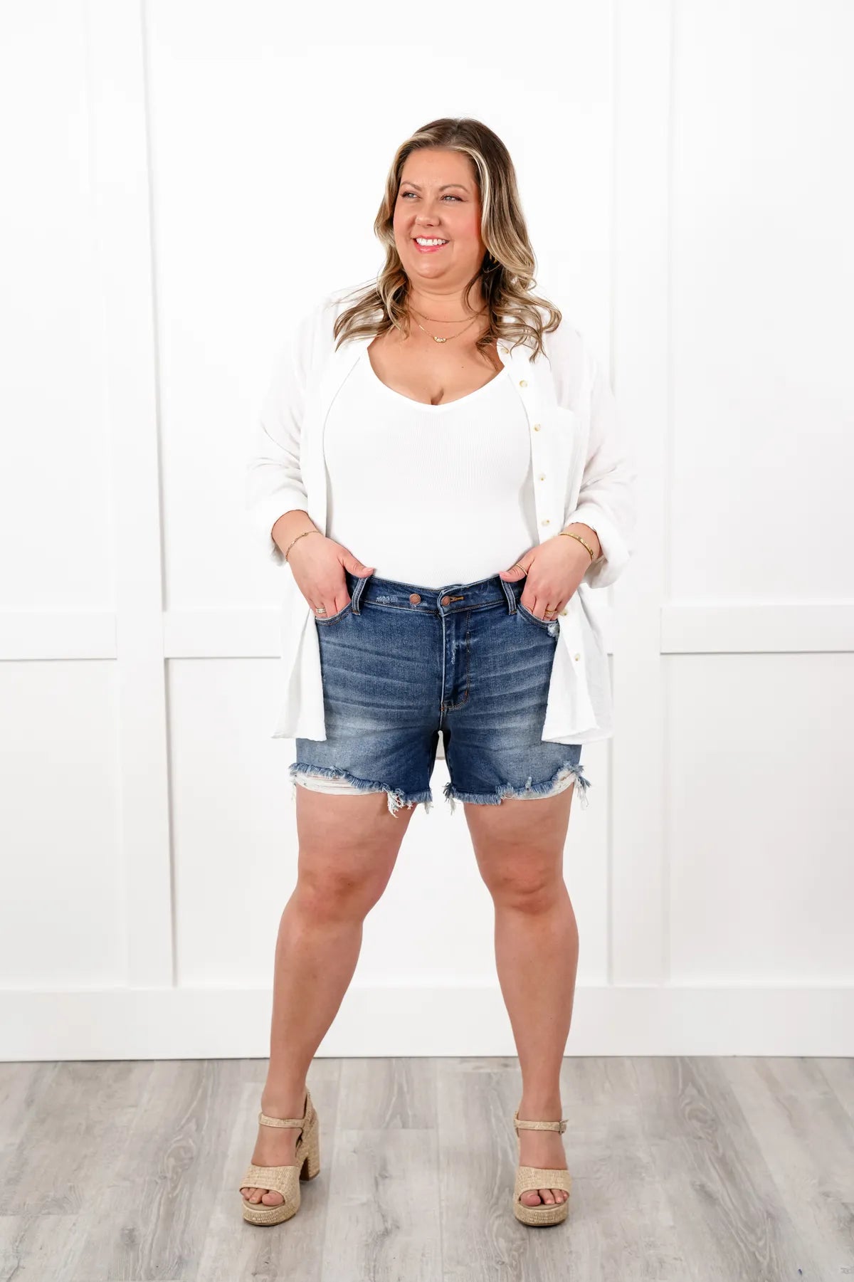 Judy Blue Medium Wash Two Button Distressed Dad Shorts