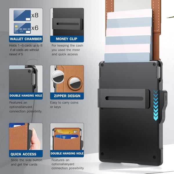 Wallet for Men - with Pop Up Aluminum Case Money Clip Slim Leather Slots Credit Card Holder RFID Blocking Bifold Minimalist Wallet