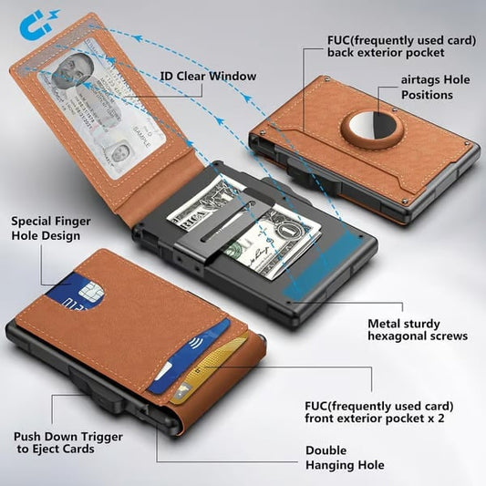 Wallet for Men - with Pop Up Aluminum Case Money Clip Slim Leather Slots Credit Card Holder RFID Blocking Bifold Minimalist Wallet