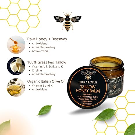 TERRA LOTUS Handmade Organic Grass-Fed Beef Tallow Balm with Raw Honey