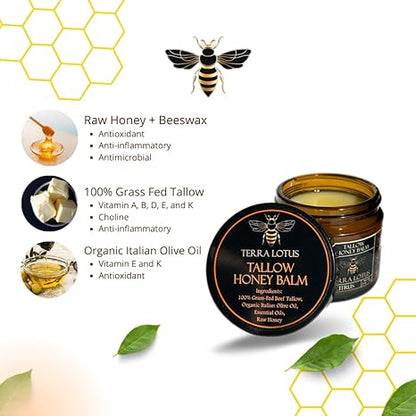 TERRA LOTUS Handmade Organic Grass-Fed Beef Tallow Balm with Raw Honey