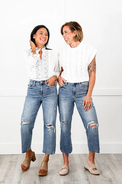Judy Blue About Last Night Light Wash Destroyed Wide Leg Cropped Jeans
