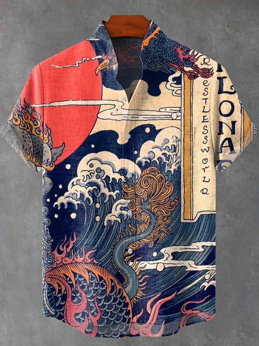 Vintage Japanese Art Ukiyoe Wave Painting Print Casual Cotton And Linen Polo