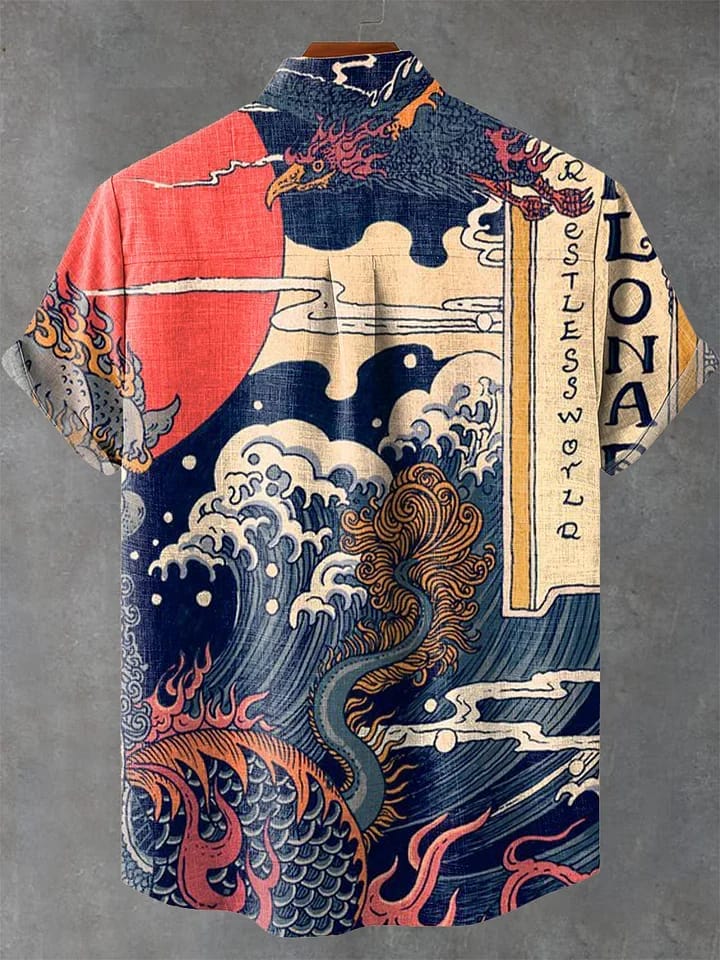 Vintage Japanese Art Ukiyoe Wave Painting Print Casual Cotton And Linen Polo