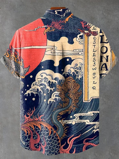 Vintage Japanese Art Ukiyoe Wave Painting Print Casual Cotton And Linen Polo