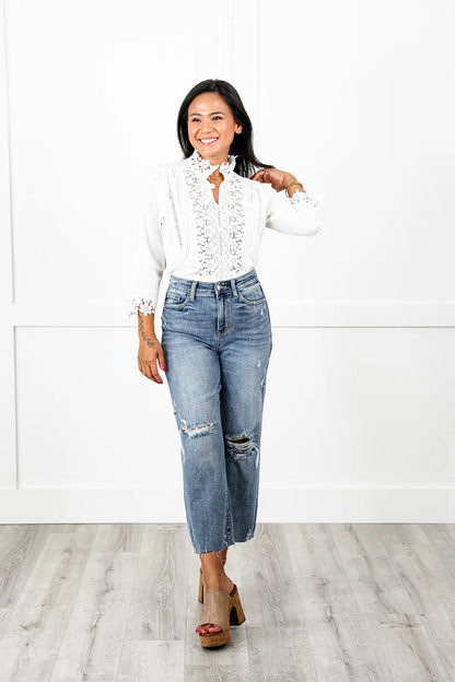 Judy Blue About Last Night Light Wash Destroyed Wide Leg Cropped Jeans
