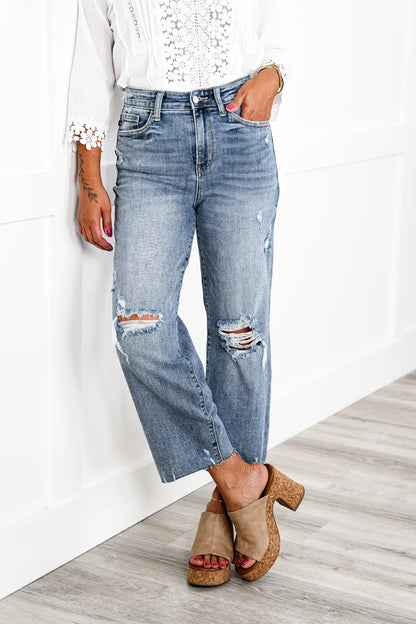 Judy Blue About Last Night Light Wash Destroyed Wide Leg Cropped Jeans